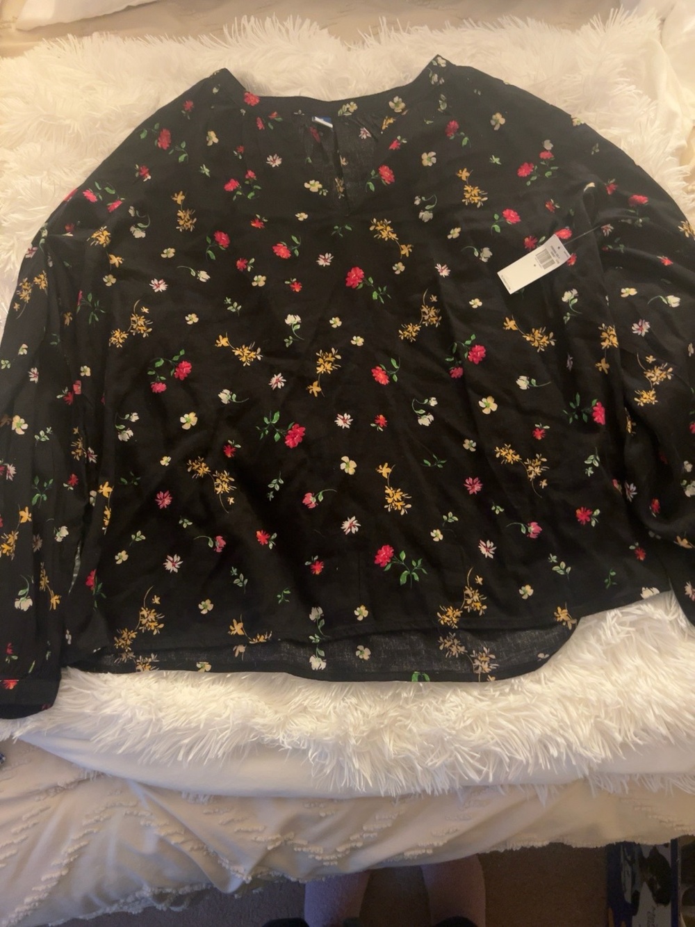 Old Navy Black Floral Long-Sleeve Blouse with Red and Yellow Accents